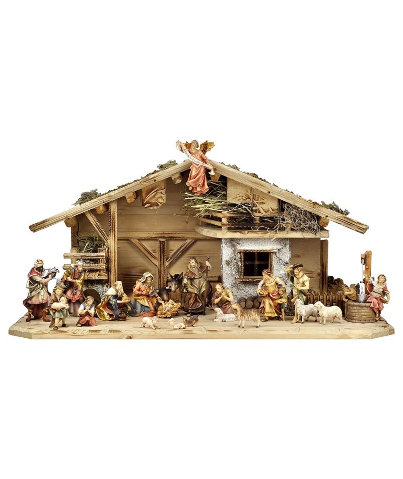 Capanna per presepe in legno con natività 5 pezzi, Re Magi, Pastori